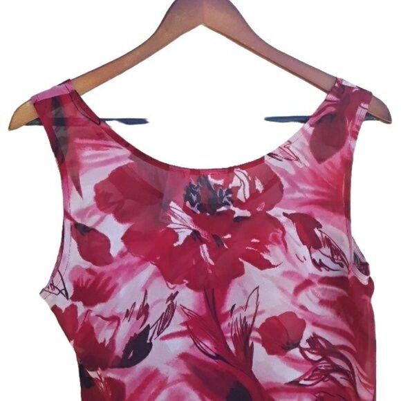 Vtg Emma James Top Sleeveless Sheer Scoop Neck Abstract Floral Pink Red Sz 10 - Picture 6 of 8